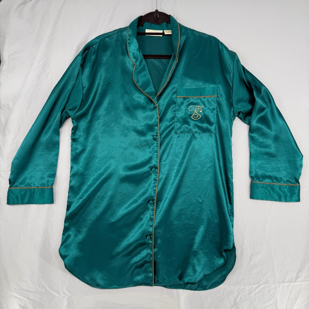 Victorias Secret Vintage Gold Label Emerald Green Satin‎ Sleep Shirt Small 90s